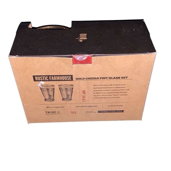 NEW Rustic Farmhouse by Twine Gold Rimmed Cheers Pint Glass Beer Set Lot of 2 - Picture 2 of 8